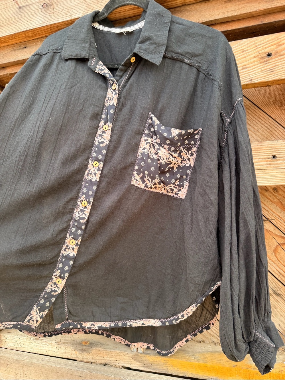 Women's Black Button-Down Shirt with Floral Trim - Picture 2 of 5
